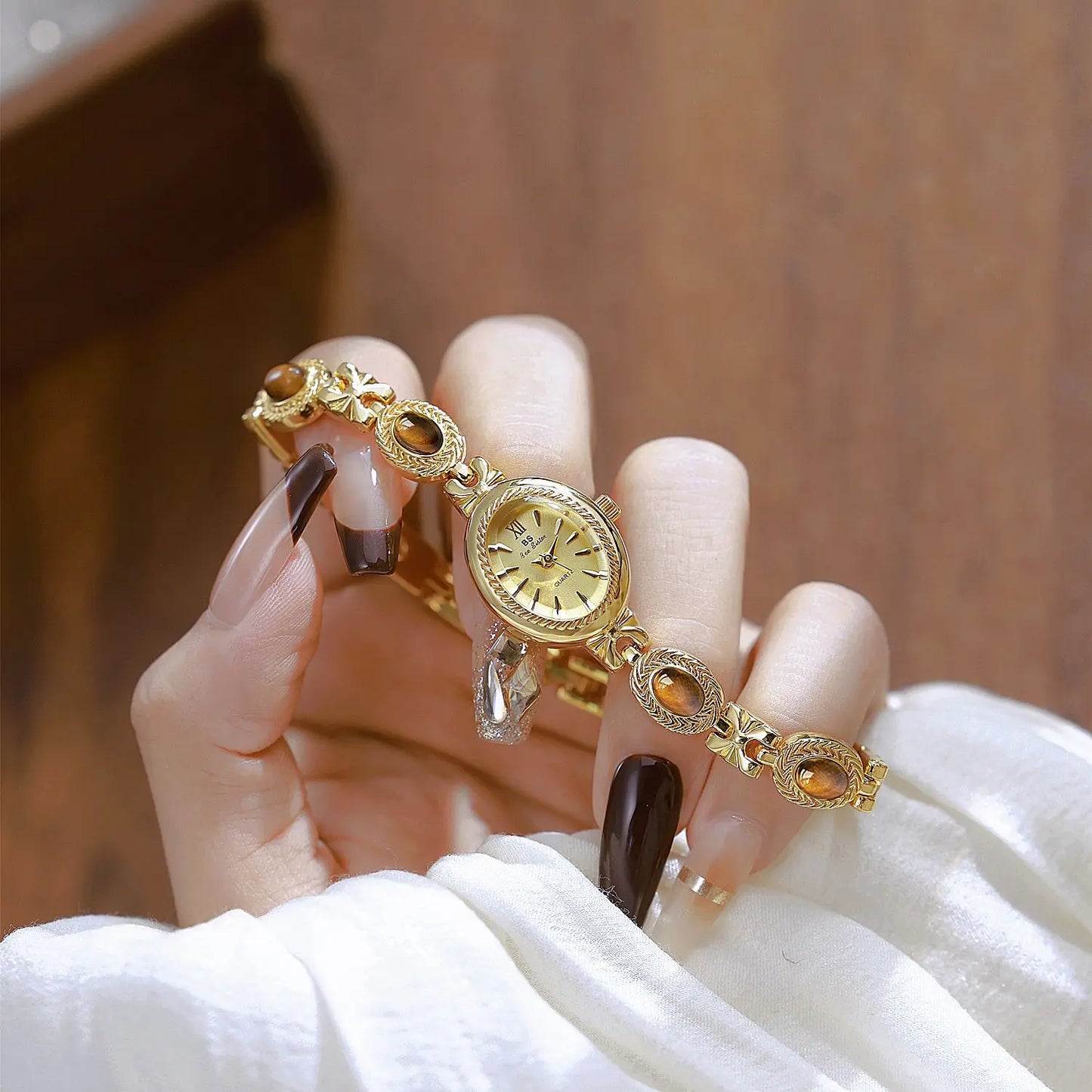 BS Bienenschwester FA1859 Damen Quarzuhr – Hochwertige Legierung mit Jade-Armband, Wasserfest, Elegante Dress-Uhr