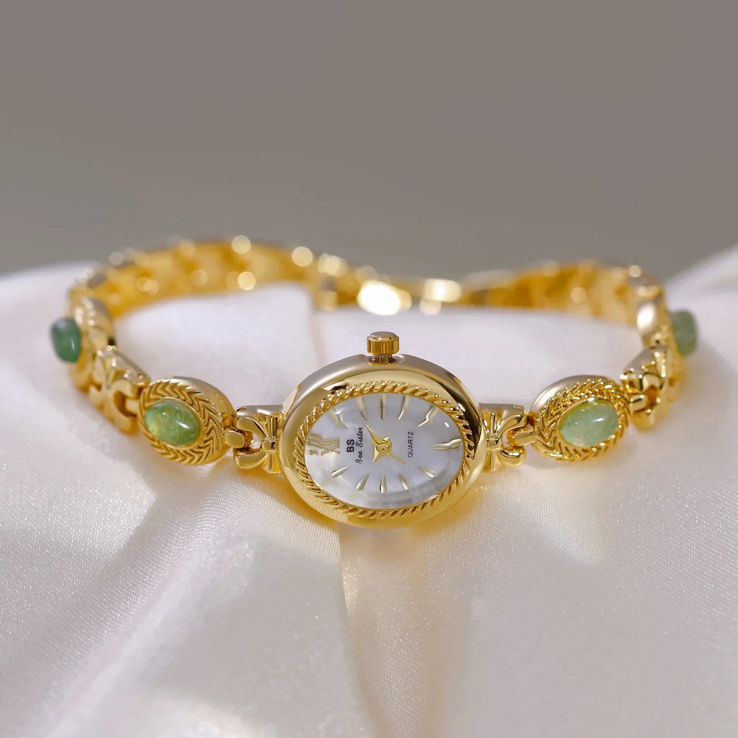 BS Bienenschwester FA1859 Damen Quarzuhr – Hochwertige Legierung mit Jade-Armband, Wasserfest, Elegante Dress-Uhr