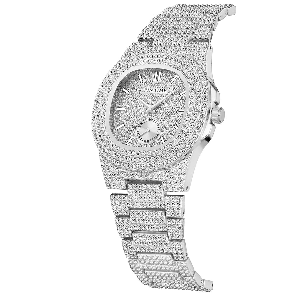 PINTIME Iced Out Quarzuhr für Herren, 3ATM Wasserdicht, Mode Hip Hop Armbanduhr mit CZ Kristallen, Unisex