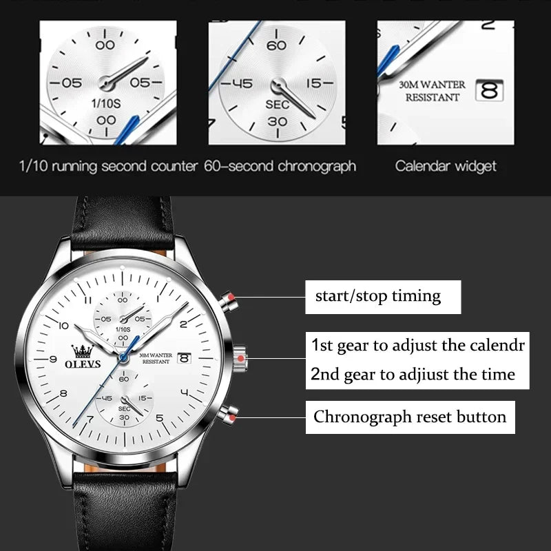 Luxus Quarzuhr für Herren – Wasserdicht, Chronograph, Luminous, Automatisches Datum
