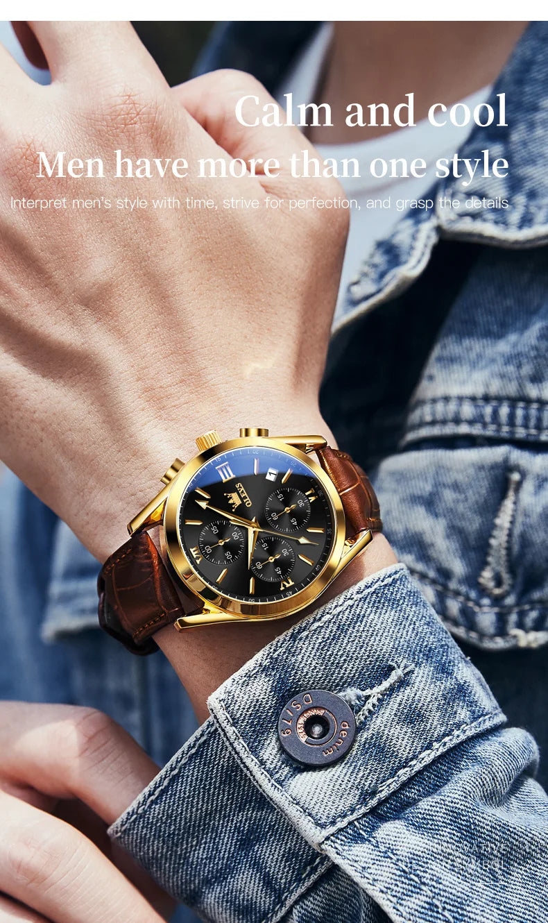 OLEVS Sport Quarz Chronograph Uhr für Herren, Wasserdicht mit Luminous Zeigern, Auto Date, Lederarmband