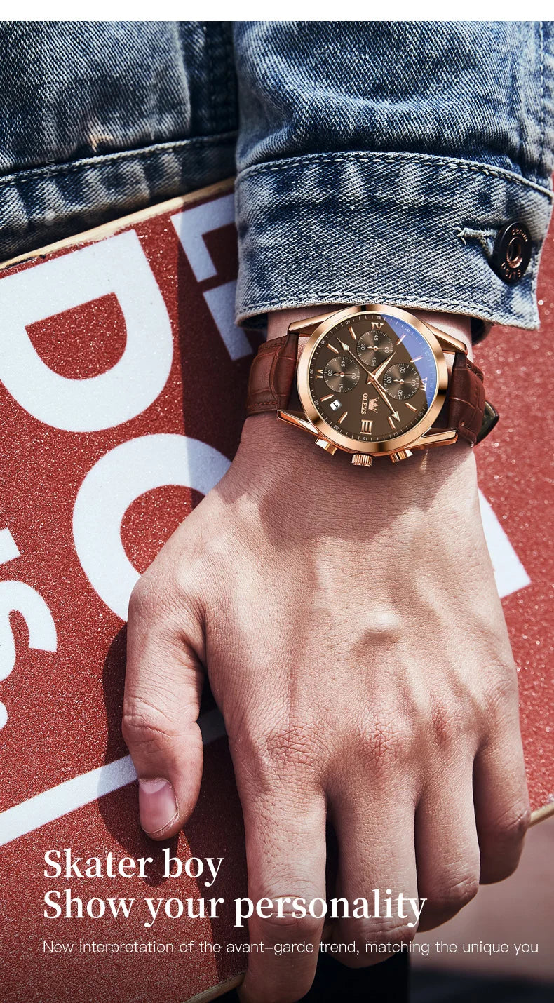 OLEVS Sport Quarz Chronograph Uhr für Herren, Wasserdicht mit Luminous Zeigern, Auto Date, Lederarmband