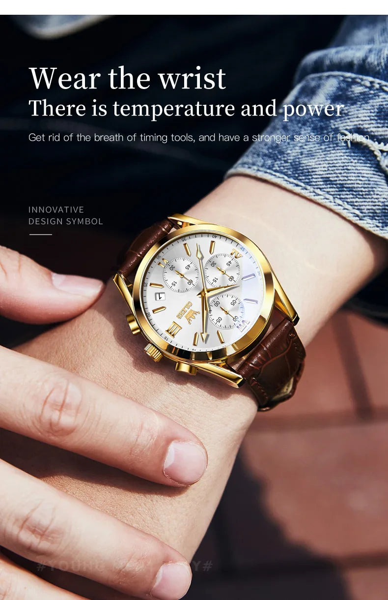 OLEVS Sport Quarz Chronograph Uhr für Herren, Wasserdicht mit Luminous Zeigern, Auto Date, Lederarmband