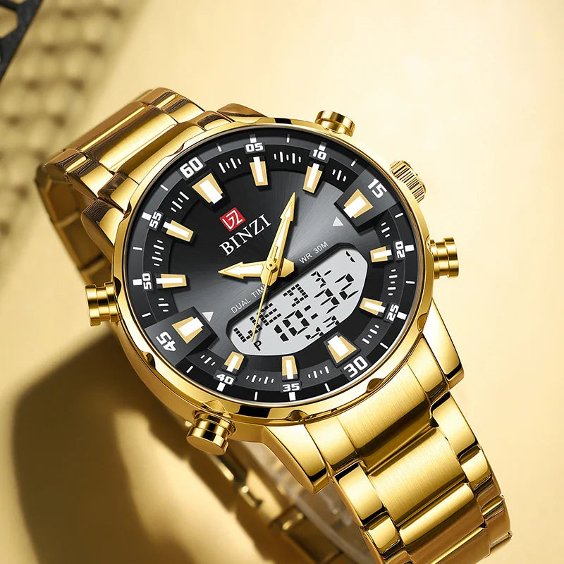Luxus Herren-Armbanduhr 2025 – Goldene Edelstahluhr mit Dual Display | Relogio Masculino
