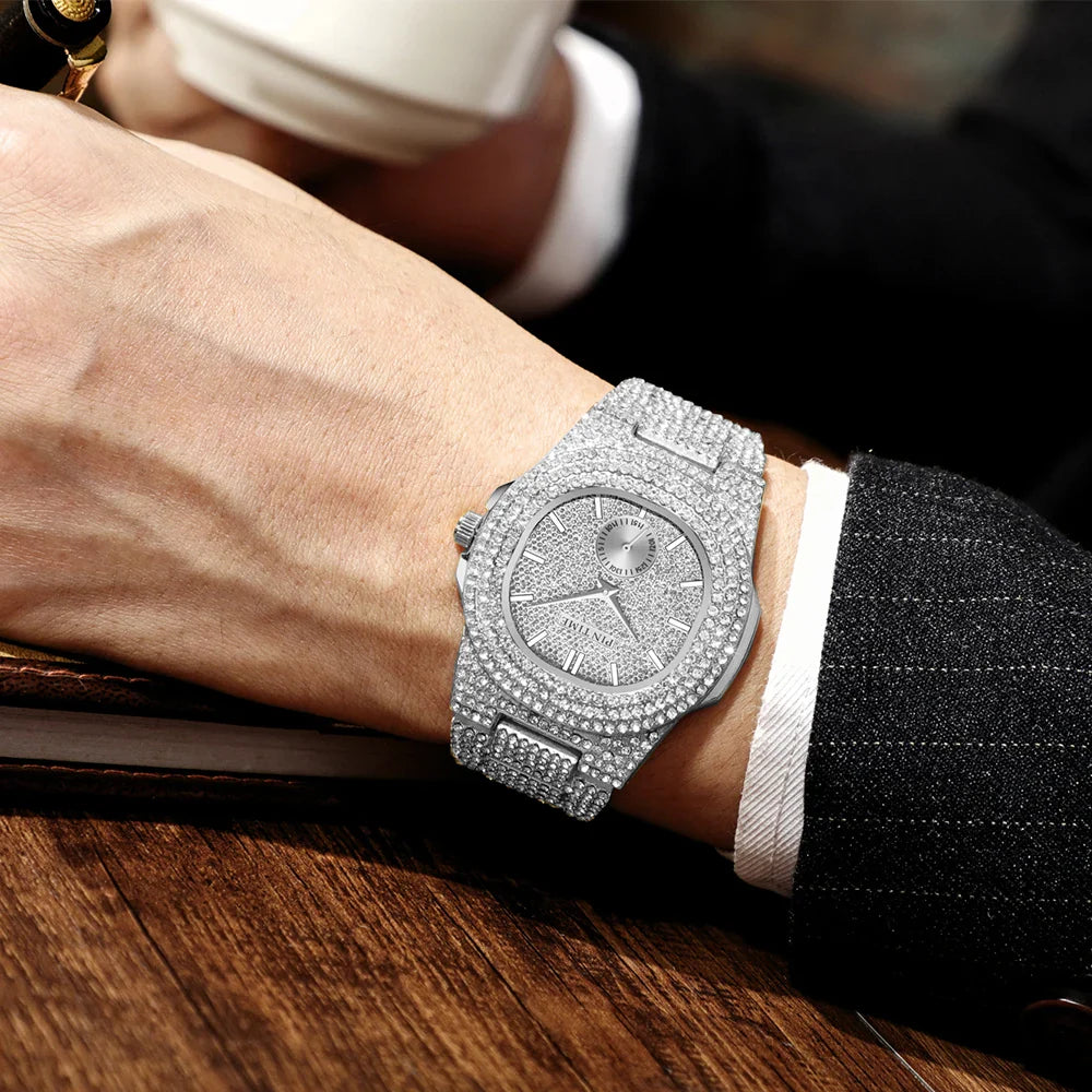 PINTIME Iced Out Quarzuhr für Herren, 3ATM Wasserdicht, Mode Hip Hop Armbanduhr mit CZ Kristallen, Unisex