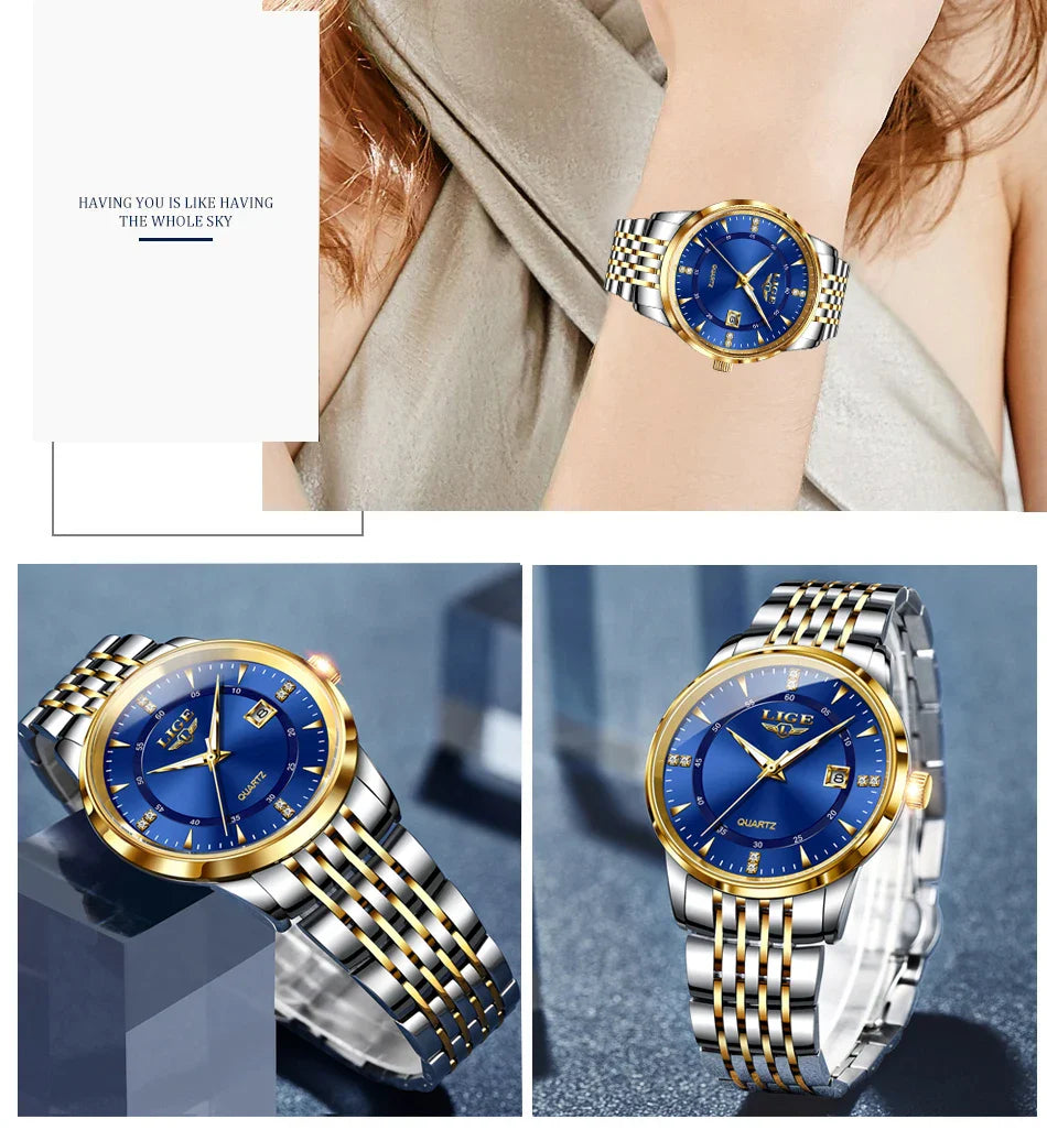 LIGE Damen Quarzuhr – Goldene Edelstahl Armbanduhr mit Luminous Zeigern, Stopuhr, Wasserfest, Auto-Datum – Luxus Armbanduhr für Damen