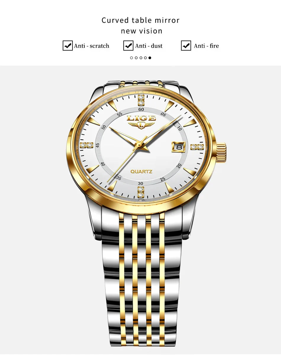 LIGE Damen Quarzuhr – Goldene Edelstahl Armbanduhr mit Luminous Zeigern, Stopuhr, Wasserfest, Auto-Datum – Luxus Armbanduhr für Damen