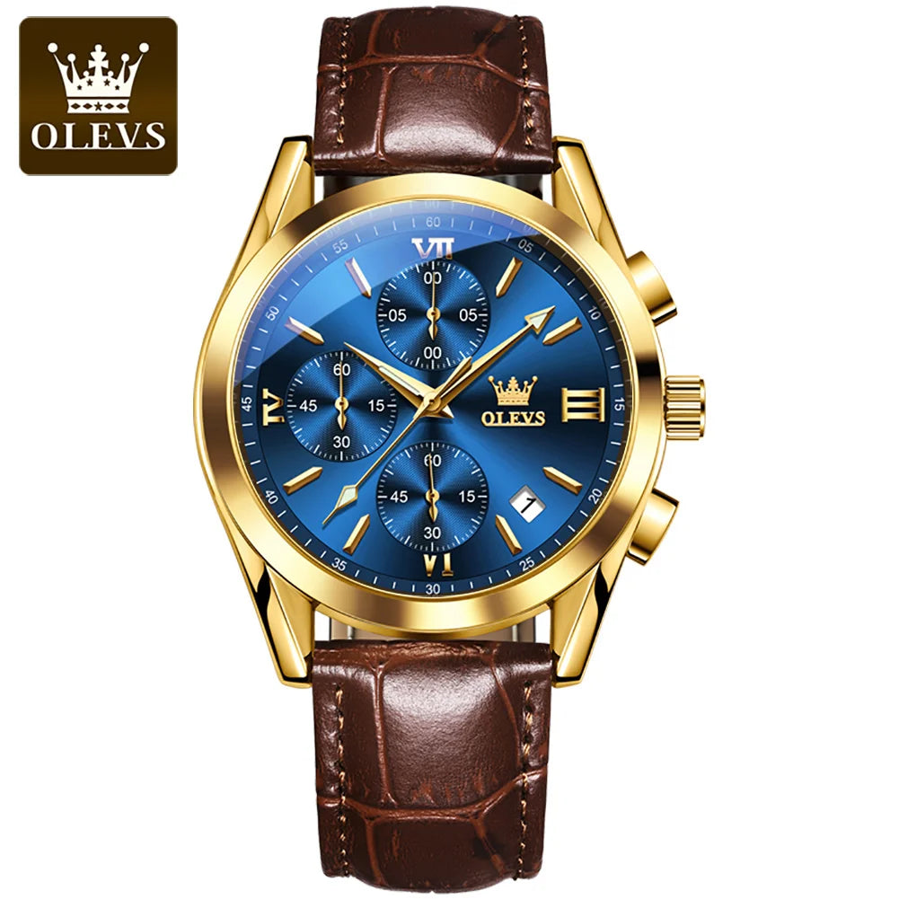 OLEVS Sport Quarz Chronograph Uhr für Herren, Wasserdicht mit Luminous Zeigern, Auto Date, Lederarmband