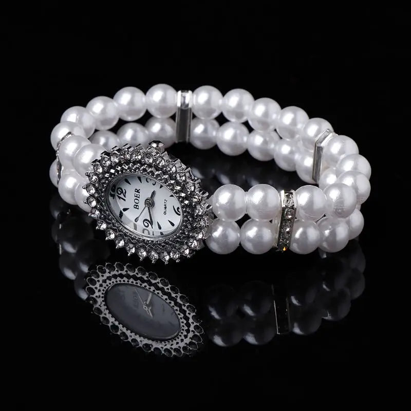 Bulusii Damen Vintage Armbanduhr mit Perlen & Strass, Digital, Elastisch und Verstellbar, Stilvolles Geschenk für Frauen