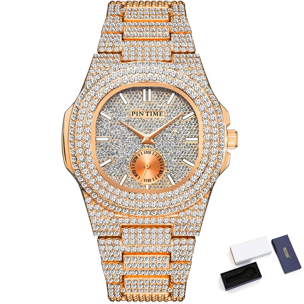 PINTIME Iced Out Quarzuhr für Herren, 3ATM Wasserdicht, Mode Hip Hop Armbanduhr mit CZ Kristallen, Unisex