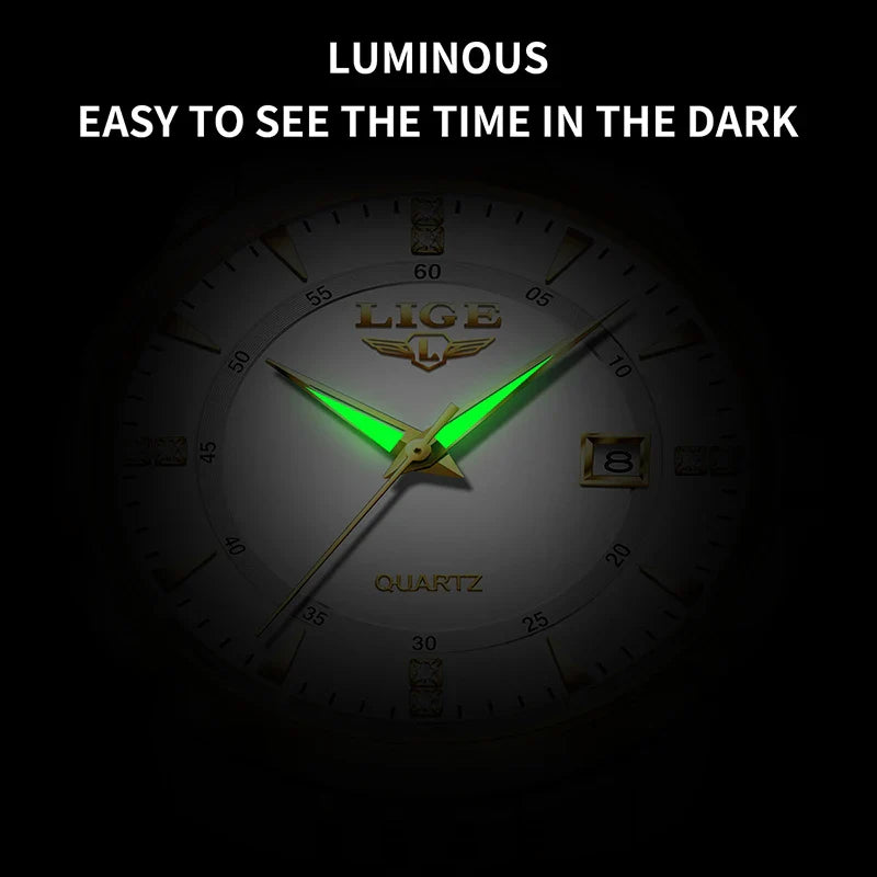 LIGE Damen Quarzuhr – Goldene Edelstahl Armbanduhr mit Luminous Zeigern, Stopuhr, Wasserfest, Auto-Datum – Luxus Armbanduhr für Damen