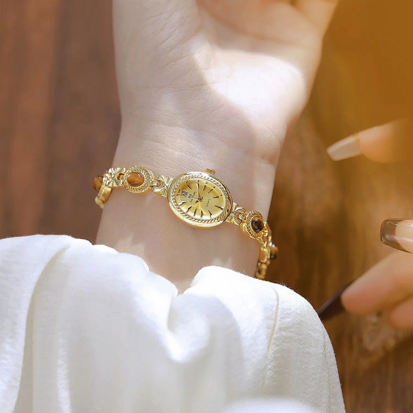 BS Bienenschwester FA1859 Damen Quarzuhr – Hochwertige Legierung mit Jade-Armband, Wasserfest, Elegante Dress-Uhr